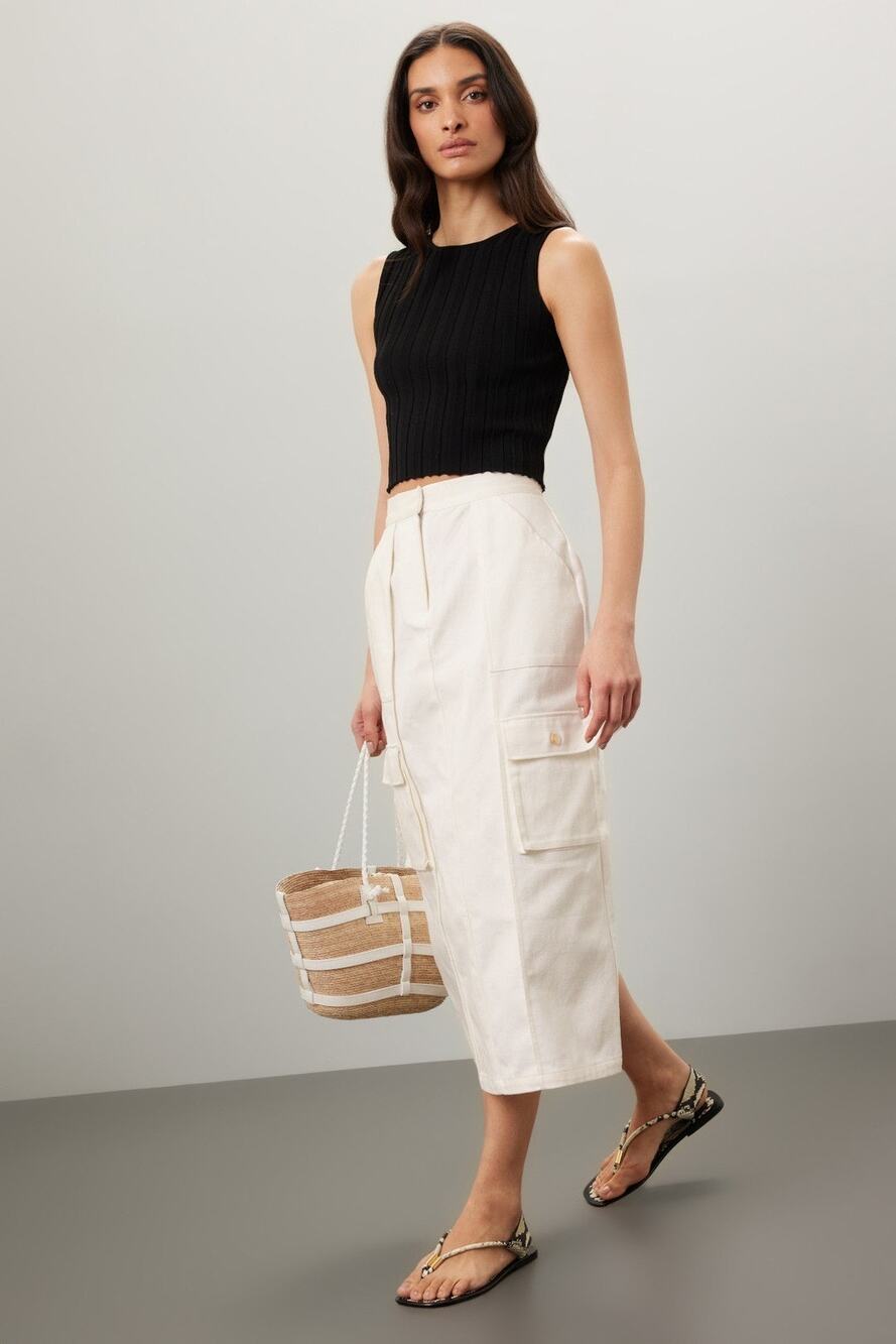 SILK LAUNDRY Women's Off-White 100% Organic Cotton Pockets Slit Skirt Size Small